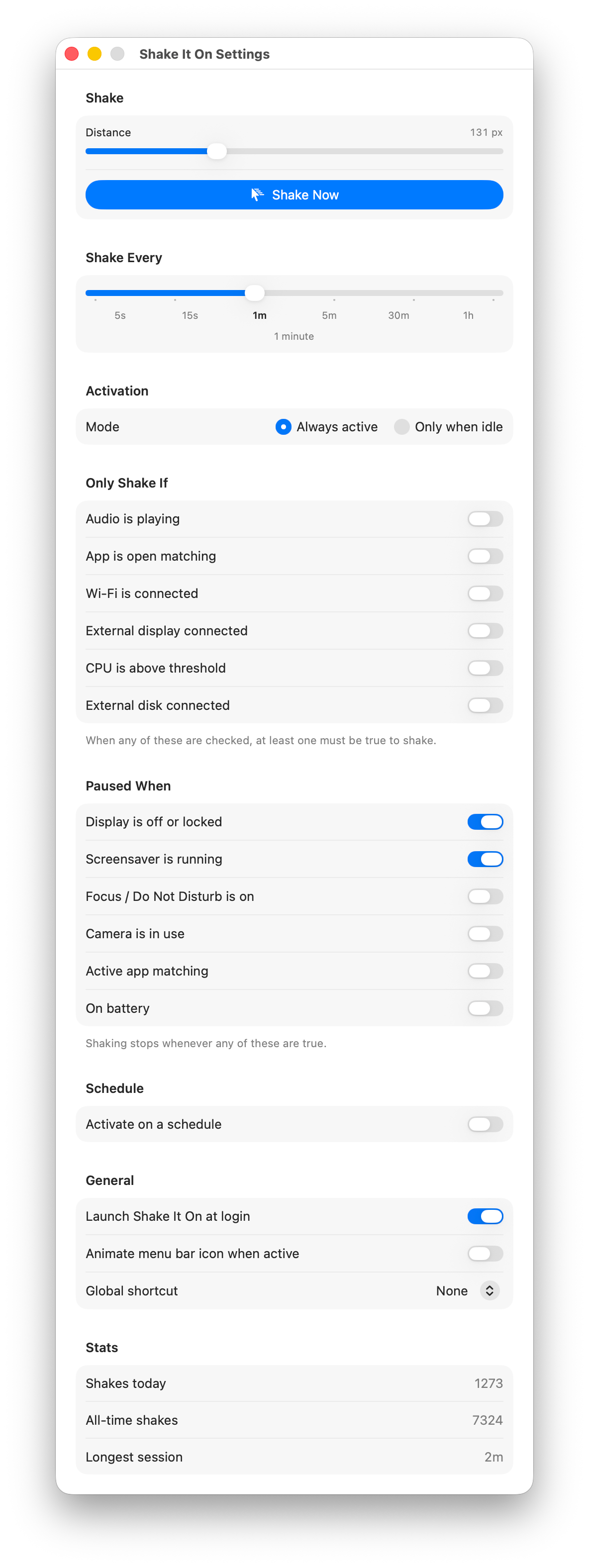 Shake It On Settings